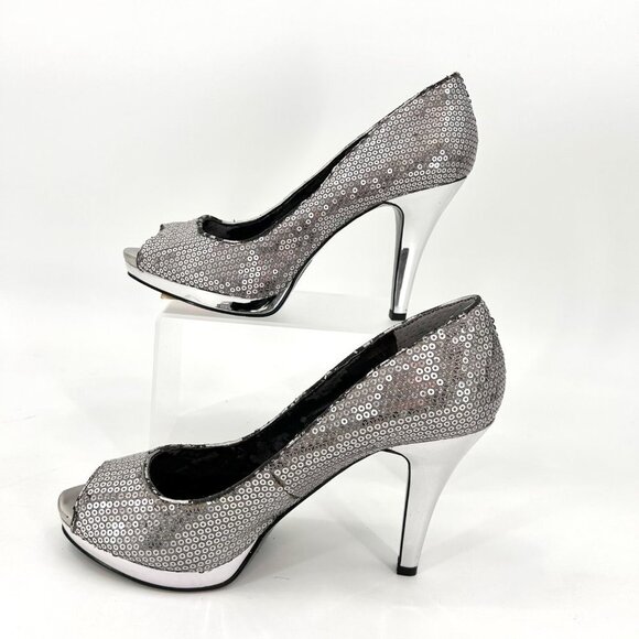 NWT NINE WEST METALLIC SILVER HEEL SEQUIN OPEN TOE HEELS - 7 - Picture 2 of 16